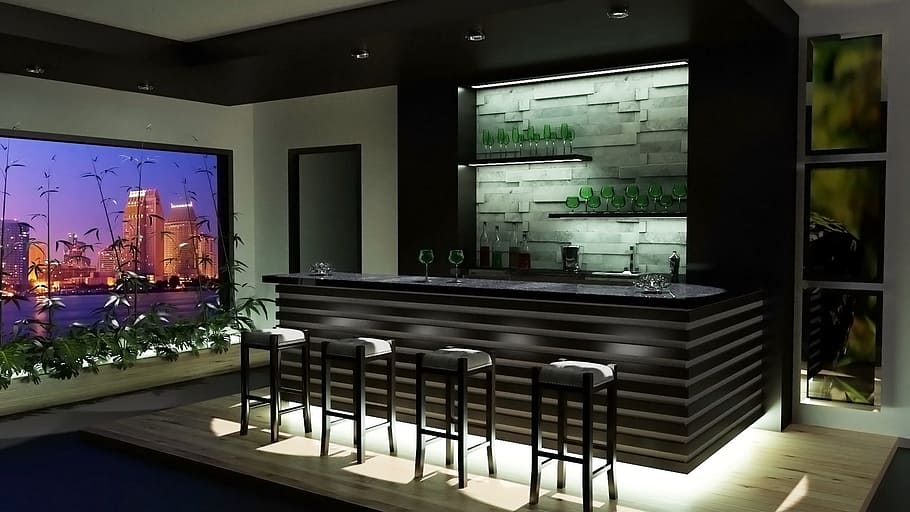 quatre, negre, fusta, femta, render, 3d, arch viz, disseny, modern, habitació, casa, contemporani, interior modern, luxe, apartament, interior, decoració, mobles, disseny d'interiors, interior de casa, finestra, interior de luxe, barra, nit, relaxa't, vista, taula, a l'interior, cap gent, il·luminat, riquesa, habitació domèstica, seient, interior de l'aparador, cadira, absència, arquitectura, planta, televisor, vidre, 1080P