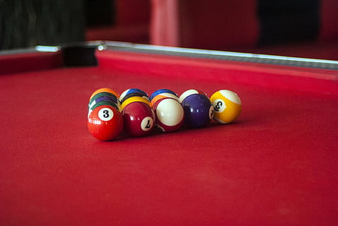 pool, pool table, game, ball, table, cue, pool ball, pool - cue sport, sport, leisure games, multi colored, leisure activity, number, relaxation, red, cue ball, pool cue, indoors, competition, sphere, no people, snooker, arrangement, pool hall, 4K, CC0, public domain, royalty free