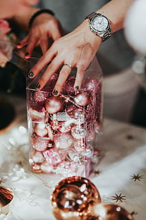 Christmas, balls, decor, decoration, Christmas balls, xmas, celebration, human Hand, people, women, food, close-up, indoors, human body part, one person, adult, hand, food and drink, real people, freshness, unrecognizable person, sweet food, focus on foreground, table, dessert, sweet, selective focus, finger, glass, temptation, 4K