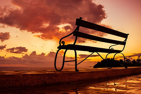 silhuett bilde, benk, gylden, time, solnedgang, himmel, skyer, natur, romantisk, høst, skumring, sky - himmel, skjønnhet i naturen, oransje farge, silhouette, ingen folk, naturskjønnhet - natur, sol, land, dramatisk himmel, fravær, ro, utendørs, sollys, miljø, landskap, vann, rolig scene, 4K, CC0, offentlig domene, opphavsrett gratis