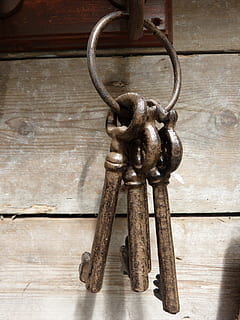 închis, fotografie, Trei, chei, cheie, breloc, a închide, metal, nici o persoana, lemn - material, în interior, ruginit, Siguranță, vechi, lanţ, zi, putere, Securitate, montare pe perete, uşă, Intrare, să se concentreze asupra primelor elemente, erodate, agăţat, bogat ornamentat, 4K, CC0, domeniu public, fără drepturi de autor