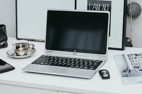 white, desk, Laptop computer, interior, minimal, workspace, workplace, tech, computer, technology, work, notebook, laptop, working, scandi, scandinavian, computer Keyboard, business, office, computer Monitor, table, pC, no People, equipment, desktop PC, wireless technology, communication, connection, furniture, cup, drink, computer equipment, mug, coffee - drink, coffee cup, portable information device, keyboard, indoors, 5K