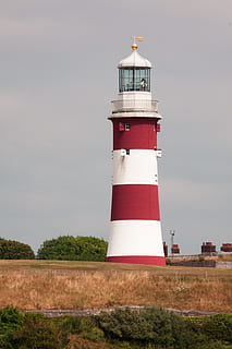 fyr, vitt, torn, landskap, röd, vit, torn, landmärke, byggnad, nautisk, england, hav, känt ställe, inget folk, säkerhet, vägledning, skydd, riktning, arkitektur, byggnad exteriör, byggd struktur, himmel, landa, natur, gräs, fält, dag, utomhus, 4K, CC0, offentligt domän, royaltyfria