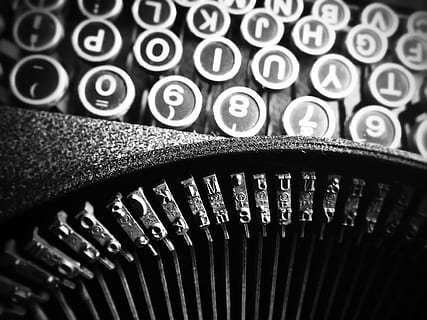 grayscale photo, typewriter, type, font, writing, author, book, read, write, antique, 1930, publishing, old, vintage, hipster, old-fashioned, typing, typescript, retro Styled, alphabet, obsolete, text, technology, typebar, number, close-up, indoors, machinery, communication, no people, letter, western script, full frame, backgrounds, still life, man made object, analog, keyboard, 2K, CC0, public domain, royalty free