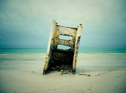 landscape photo, concrete, storage, seashore, nature, sand, beach, water, sea, ocean, horizon, wreckage, abandoned, no People, coastline, sky, land, horizon over water, tranquility, tranquil scene, wood - material, obsolete, old, beauty in nature, day, run-down, outdoors, deterioration, ruined, 1080P, CC0, public domain, royalty free