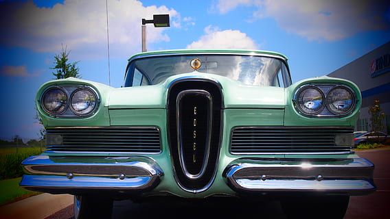clásico, teal edesl car, auto, retro, viejo contador de tiempo, coche, vado, Edsel, Estados Unidos, vehículo terrestre, estilo retro, anticuado, cromo, transporte, antiguo, faro, lujo, reja, modo de transporte, Vehículo de motor, cielo, día, auto antiguo, nube - cielo, nadie, azul, naturaleza, metal, al aire libre, de cerca, árbol, luz del sol, 4K, CC0, dominio público, libre de derechos