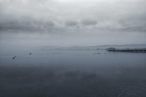calm, clouds, cloudy, dock, hazy, lake, overcast, water, sky, cloud - sky, scenics - nature, tranquility, beauty in nature, tranquil scene, nature, sea, no people, reflection, waterfront, day, outdoors, fog, idyllic, non-urban scene, 5K, CC0, public domain, royalty free