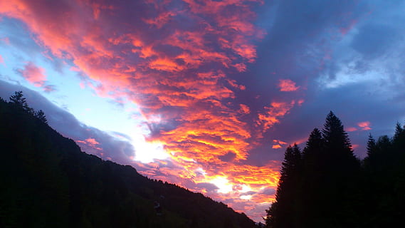 chmury, poświata, forma chmur, Chmura, piękno natury, niebo, chmura - niebo, zachód słońca, scenics - natura, spokojna scena, spokój, drzewo, Góra, sylwetka, kolor pomarańczowy, idylliczny, Natura, żadnych ludzi, scena pozamiejska, roślina, dramatyczne niebo, niski kąt widzenia, środowisko, na dworze, drzewo iglaste, romantyczne niebo, 1080P, CC0, domena publiczna, darmowe zdjęcia