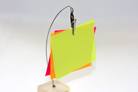 sticky, notes, stand, sticky notes, post it, blank, reminder, sticker, post it note, sticky note, note, office, business, workplace, contact us, call us, studio shot, multi colored, no people, white background, close-up, indoors, paper, adhesive note, clip, yellow, hanging, still life, focus on foreground, copy space, flag, string, gray background, 4K, CC0, public domain, royalty free