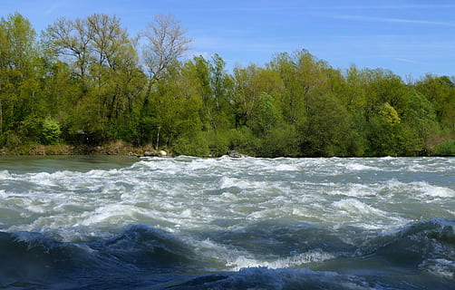 water waves, trees, blue, sky, river, current, whirlpool, agitated, rhône, water, nature, flow, tree, beauty in nature, motion, plant, scenics - nature, waterfront, surfing, day, sport, aquatic sport, sea, flowing water, wave, land, tranquil scene, outdoors, power in nature, flowing, 4K, CC0, public domain, royalty free