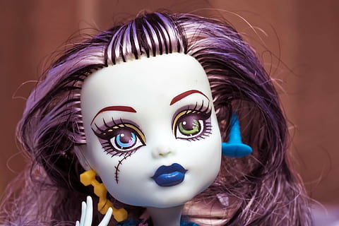 Bambola, Gotico, orrore, viso, Halloween, strano, pauroso, raccapricciante, sans serif, non morti, femmina, capo, cranio, fantasmi, Morte, giocattoli, giocattoli per bambini, trucco, colpo alla testa, pittura facciale, ritratto, volto umano, persone, capelli ricci, parte del corpo umano, guardando la fotocamera, rappresentazione umana, in casa, avvicinamento, capelli, somiglianza femminile, rappresentazione, parrucca, acconciatura, moda, giocattolo, concentrarsi sulle conoscenze acquisite, parte del corpo, Capello umano, viola, 4K, CC0, dominio pubblico, privo di copyright