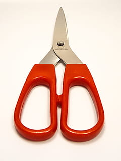 scissors, kitchen, red, equipment, tool, utensil, sharp, cut, white background, studio shot, cut out, single object, indoors, no people, close-up, business, two objects, man made, wood - material, work tool, still life, man made object, military, 1080P, CC0, public domain, royalty free