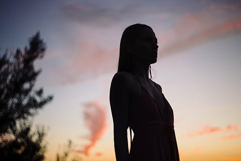 silhouette of woman, silhouette, photography, woman, spaghetti, strap, golden, hour, sky, cloud, sunset, plant, nature, people, girl, alone, one woman only, only women, one person, adult, adults only, women, outdoors, cloud - sky, waist up, standing, side view, hairstyle, hair, long hair, tranquility, young adult, relaxation, mid adult, contemplation, 5K, CC0, public domain, royalty free