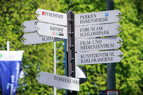 road signage, shield, navigation, directory, direction, navigate, orientation, orient, classification, south, east, west, career, professional, ludwigsburg germany, places of interest, undecided, arrows, park place search, advise, sign, road Sign, western script, text, communication, guidance, directional sign, no people, focus on foreground, plant, information, symbol, road, day, information sign, arrow symbol, tree, nature, outdoors, message, crossing sign, 5K, CC0, public domain, royalty free