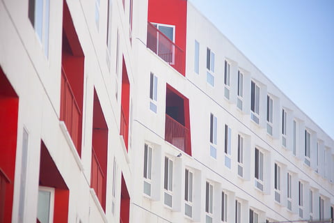 architectural, photography, white, red, building, architecture, infrastructure, building Exterior, window, facade, apartment, built Structure, house, modern, urban Scene, residential District, balcony, low angle view, no people, white color, day, city, outdoors, full frame, in a row, wall - building feature, pattern, sky, repetition, office building exterior, 5K, CC0, public domain, royalty free