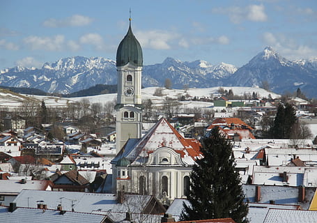 Nesselwang, Winter, Snow, architecture, building exterior, religion, mountain, place of worship, built structure, building, spirituality, belief, cold temperature, city, nature, sky, day, no people, snowcapped mountain, townscape, outdoors, spire, 4K, CC0, public domain, royalty free