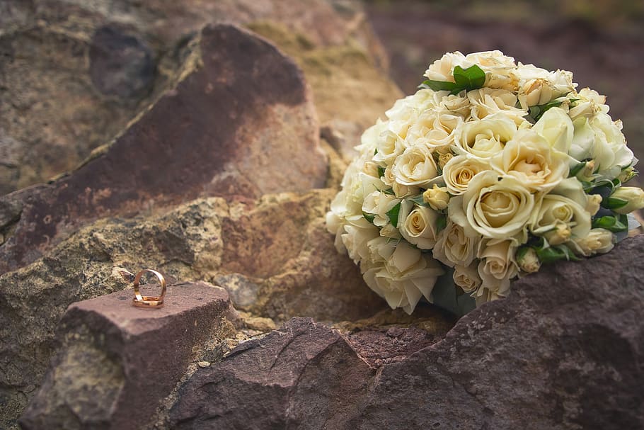 bouquet, blanc, roses, anell de color daurat, anella el vector, anell de noces, pedres de roques, casament, bonic, floral, matrimoni, fons, flor, romanç, núvia, primer pla, amor, decoració, rosa, romàntic, planta, color, planta amb flors, bellesa a la natura, naturalesa, vulnerabilitat, fragilitat, arranjament floral, flor de roses, cap de flor, sòlid, pètal, inflorescència, cap gent, frescor, rock, rock - object, a l'aire lliure, cerimònia del casament, Ram de flors, 2K