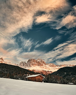 Kabine, Beste, Aussicht, Foto, braun, Haus, Winter, Himmel, Berg, Gebirge, Schnee, kalte Temperatur, wolke - himmel, Schönheit in der Natur, Szenen - Natur, ruhige Szene, Natur, Ruhe, keine Leute, Umgebung, Landschaft, Tag, Nicht-städtische Szene, Baum, Pflanze, schneebedeckter Berg, draußen, 5K, CC0, gemeinfrei, lizenzfrei