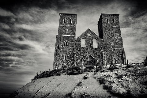 image, taken, pair, old, towers, sit, cold, winter english coast, Reculver, Kent, England, cold winter, English coast, architecture, winter, black And White, history, no People, uK, architecture And Buildings, horror, abandoned, damaged, spooky, run-down, sky, built structure, cloud - sky, low angle view, building exterior, nature, building, the past, day, religion, outdoors, belief, ruined, 4K