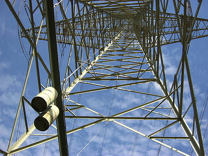 tower, electric, sky, clouds, girders, steel, base, architecture, outside, technology, low angle view, connection, metal, built structure, no people, nature, electricity pylon, fuel and power generation, day, power supply, electricity, pattern, blue, outdoors, directly below, communication, complexity, global communications, electrical equipment, 2K, CC0, public domain, royalty free