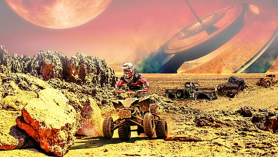 buggy, desert, landscape, one person, front view, nature, adult, transportation, full length, men, portrait, real people, mode of transportation, helmet, rock, headwear, outdoors, protection, rock - object, day, sitting, security, government, 4K, CC0, public domain, royalty free
