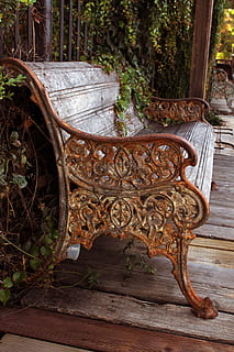 bench, rustic, antique, boardwalk, storefront, ivy, fence, day, wood - material, no people, plant, architecture, tree, nature, wood, outdoors, built structure, art and craft, metal, pattern, design, growth, rusty, craft, railing, ornate, old, park bench, floral pattern, 4K, CC0, public domain, royalty free