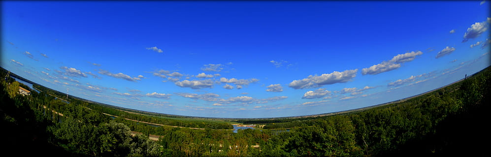 himmel, træer, skyer, blå, ingen mennesker, panoramisk, natur, dag, udendørs, sky - himmel, fish-eye lens, scenics - natur, miljø, landskab, plante, kopiere plads, jord, græs, horisont, rolig scene, gennemsigtig, horisont over land, forurening, 4K, CC0, offentligt domæne, royaltyfrie