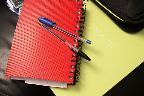 blå, sort, kuglepenne, top, rød, notesbog, skole, bindemidler, notesblok, Bestil, pen, papir, spiral notesbog, note pad, skriveinstrument, offentliggørelse, ingen mennesker, bord, indendørs, høj vinkel visning, blyant, kreativitet, møbel, planlægning, skrivebord, uddannelse, studio skud, 2K, CC0, offentligt domæne, royaltyfrie