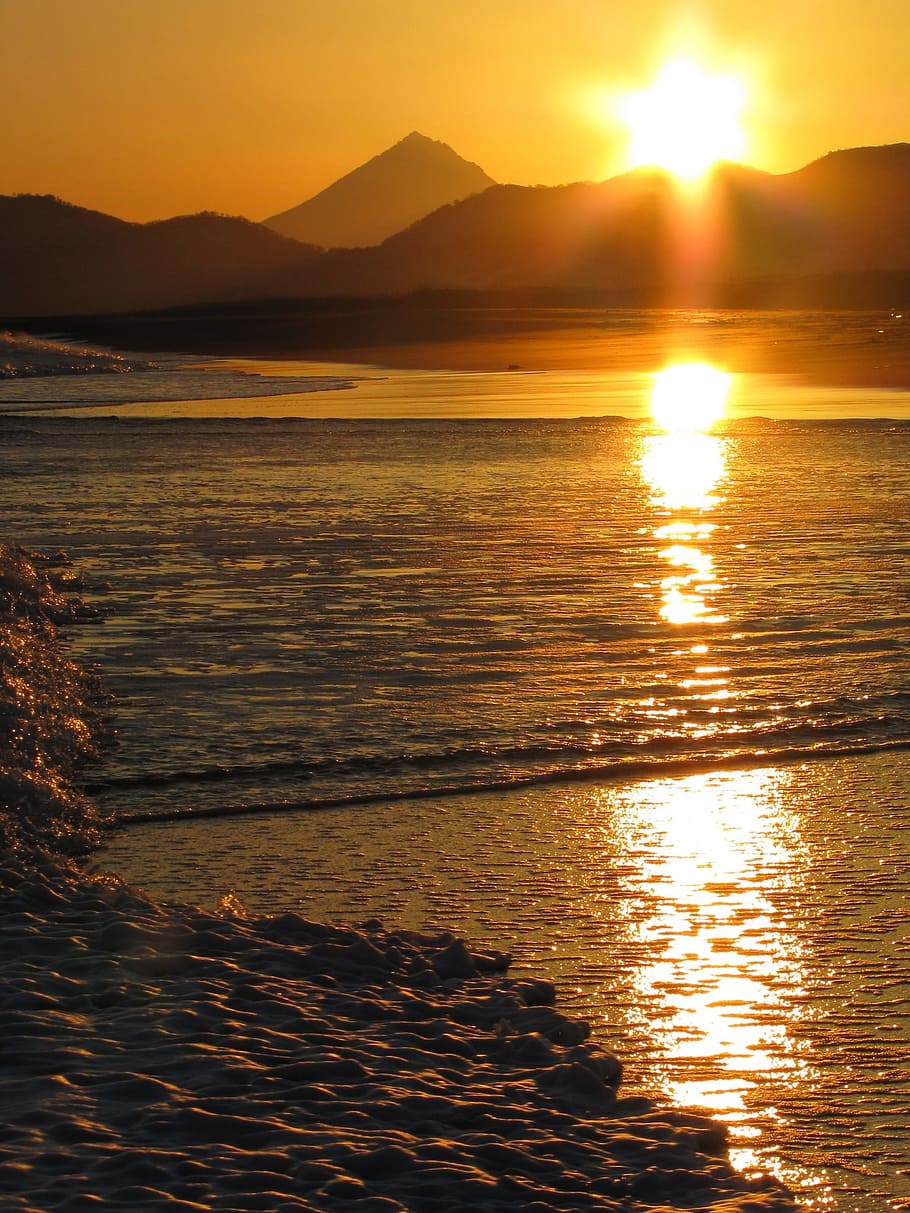 samudra, gunung berapi, gunung, gelombang, matahari terbenam, pemandangan laut, laut, berselancar, pantai, pantai laut, alam, angin, malam, tatapan, keindahan di alam, air, langit, scenics - alam, ketenangan, warna oranye, adegan yang tenang, refleksi, idilis, matahari, sinar matahari, tepi laut, tidak ada orang, bayangan hitam, adegan non-urban, di luar rumah, langit romantis, 1080P