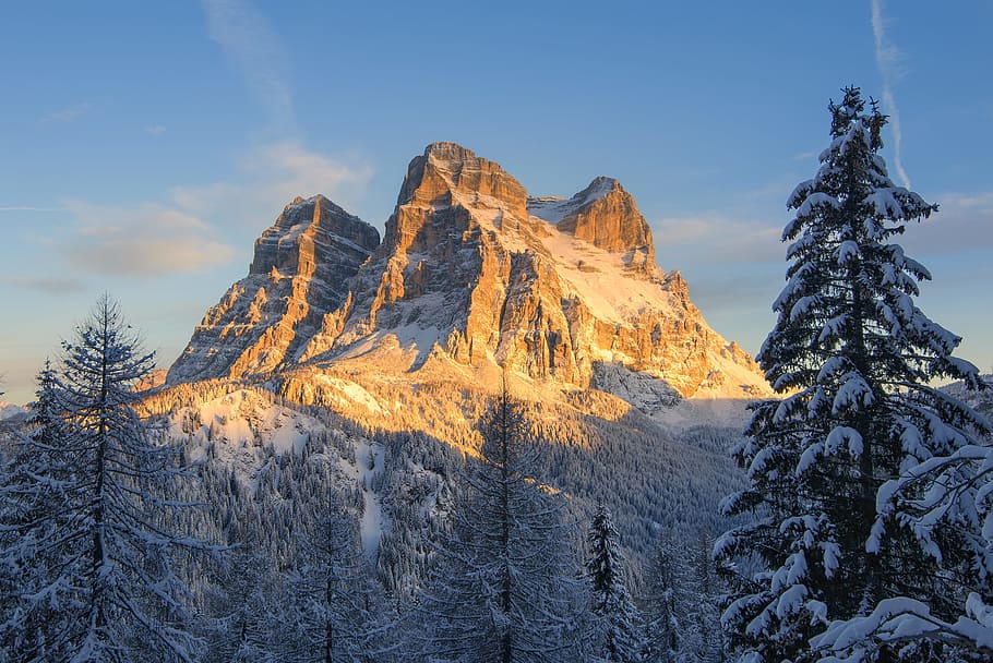 sne, dækket, bjerg, fyrretræer, alpine, Alperne, kold, nåletræ, dagslys, Skov, frost, is, Italien, landskab, natur, udendørs, naturskøn, træer, vinter, scenics - natur, skønhed i naturen, kold temperatur, himmel, rolig scene, træ, plante, ro, ikke-urbane scene, ingen mennesker, miljø, idyllisk, bjergkæde, lav vinkel visning, fjern, snedækket bjerg, formation, fyrretræ, bjergtop, 1080P