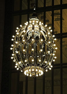 Chandelier, Light, Interior, architecture, grand central station, lighting equipment, illuminated, decoration, hanging, electricity, luxury, indoors, ceiling, no people, wealth, low angle view, pattern, glowing, pendant light, built structure, electric light, glass - material, ornate, electric lamp, silver colored, 4K, CC0, public domain, royalty free