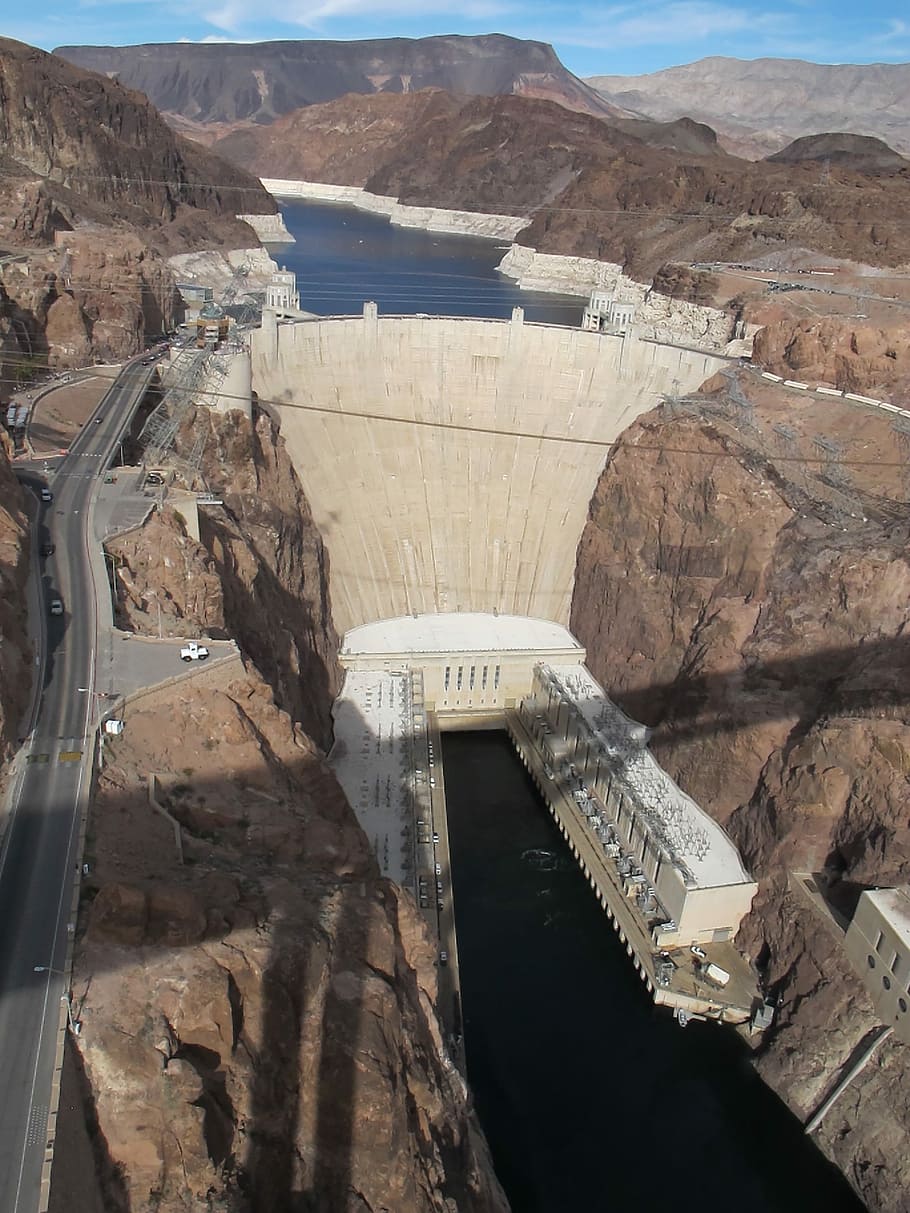 hover, dæmning, nevada, lake mead, hoover dam, vandkraft, brændstof og elproduktion, alternativ energi, bygget struktur, arkitektur, vand, rejsemål, høj vinkel visning, ingen mennesker, rejse, dag, natur, turisme, transportmidler, udendørs, vedvarende energi, sollys, miljøbeskyttelse, flod, 2K