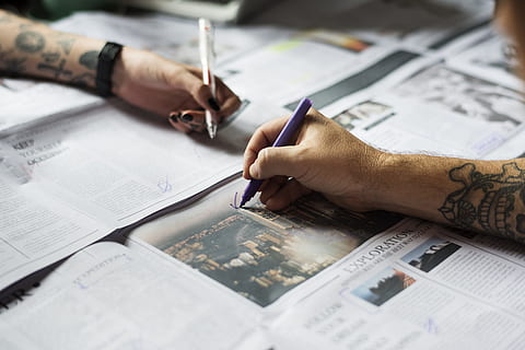 hands, people, writing, pens, blur, close-up, marker, news, newspaper, paper, tattoos, human hand, hand, human body part, one person, indoors, men, pen, business, selective focus, communication, occupation, holding, table, creativity, working, document, planning, design professional, 5K, CC0, public domain, royalty free