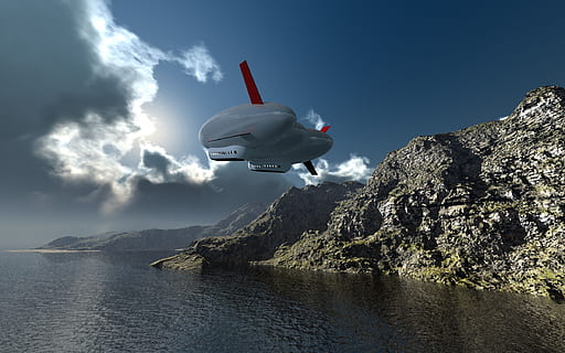 airship, computer graphic, 3d, digital artwork, dramatic sky, clouds, sky, transportation, flying, air vehicle, mode of transportation, water, nature, travel, mountain, airplane, cloud - sky, mid-air, day, technology, beauty in nature, motion, no people, vacations, holiday, outdoors, aerospace industry, 1080P, CC0, public domain, royalty free
