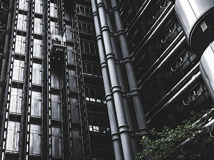 fotografia en escala de grisos, edifici, ascensor, cuc, vista d'ulls, canonada, arquitectura, industrial, vidre, acer, fosc, urbà, estructura, carrer, Londres, estructura construïda, exterior de l'edifici, vista d’angle baix, cap gent, ciutat, dia, a l'aire lliure, tub de tub, finestra, barri residencial, modern, naturalesa, alta - alta, planta, indústria, metall, patró, il·luminat, apartament, 2K, CC0, domini públic, lliure de regalies
