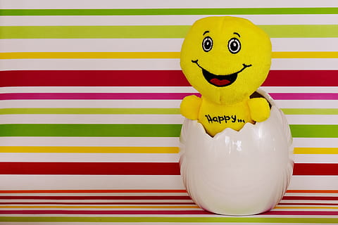 easter, happy easter, smiley, cheerful, funny, eggshell, laugh, representation, yellow, striped, indoors, no people, animal representation, multi colored, still life, smiling, toy, text, table, art and craft, animal, creativity, close-up, anthropomorphic smiley face, anthropomorphic, animal themes, western script, 4K, CC0, public domain, royalty free