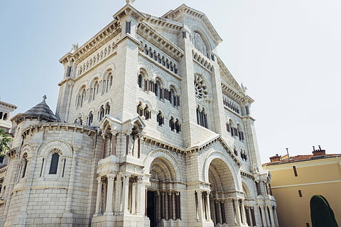 architecture, building, columns, low angle shot, perspective, pillars, built structure, building exterior, low angle view, arch, sky, the past, history, window, no people, day, travel destinations, nature, religion, clear sky, place of worship, city, belief, spirituality, outdoors, clock, architectural column, 5K, CC0, public domain, royalty free