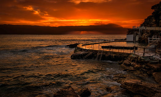 Schwimmen, Schwimmbad, Karosserie, Wasser, ohne Titel, Sonnenuntergang, Ozean, Meer, Wolkengebilde, seelandschaft, Pier bei Sonnenuntergang, Seebrücke, Küste, Strand, Dämmerung, Wolke, natürlicher Pool, australium, Himmel, wolke - himmel, Natur, Schönheit in der Natur, Szenen - Natur, orange Farbe, Land, Ruhe, die Architektur, ruhige Szene, keine Leute, gebaute Struktur, Bewegung, Welle, draußen, Horizont über Wasser, 4K, CC0, gemeinfrei, lizenzfrei