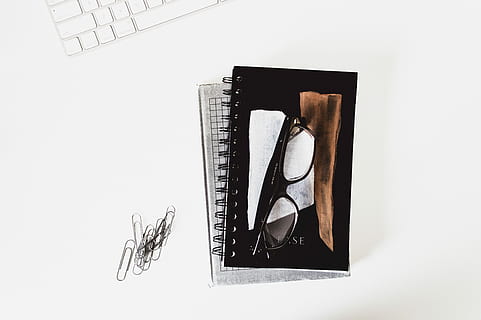 eyeglasses, black, frames, book, framed, glasses, note, work, paperclip, keyboard, office, topdown, white, workspace, destop, desk item, desk accessory, office supply, notepad, notebook, planner, glass, blog photo, indoors, white background, studio shot, no people, copy space, still life, high angle view, directly above, technology, close-up, cut out, communication, connection, wireless technology, business, portable information device, equipment, wallet, 5K, CC0, public domain, royalty free