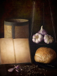 garlic, bread, pepper, book, recipe, food, still lifes, still life, indoors, food and drink, table, no people, freshness, close-up, wood - material, spice, tied up, vegetable, publication, brown, high angle view, baked, directly above, wellbeing, 5K, CC0, public domain, royalty free