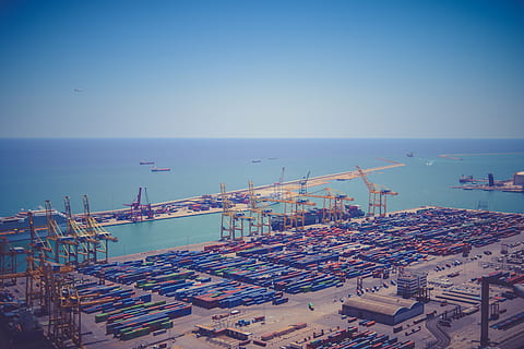 business, containers, cranes, harbor, harbour, port, sea, shipping containers, ships, vessels, water, freight transportation, cargo container, shipping, sky, pier, commercial dock, nautical vessel, transportation, industry, container, architecture, nature, crane - construction machinery, ship, clear sky, no people, outdoors, horizon over water, shipyard, 5K, CC0, public domain, royalty free
