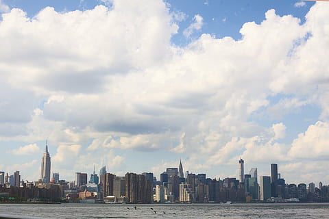 panoramic, photo, buildings, body, water, cityscape, sky, clouds, skyline, view, new york, city, usa, united states, towers, skyscrapers, birds, harbor, boats, cloud - sky, architecture, building exterior, built structure, skyscraper, day, no people, building, urban skyline, landscape, office building exterior, waterfront, nature, tall - high, travel destinations, tower, outdoors, modern, financial district, spire, 5K, CC0, public domain, royalty free
