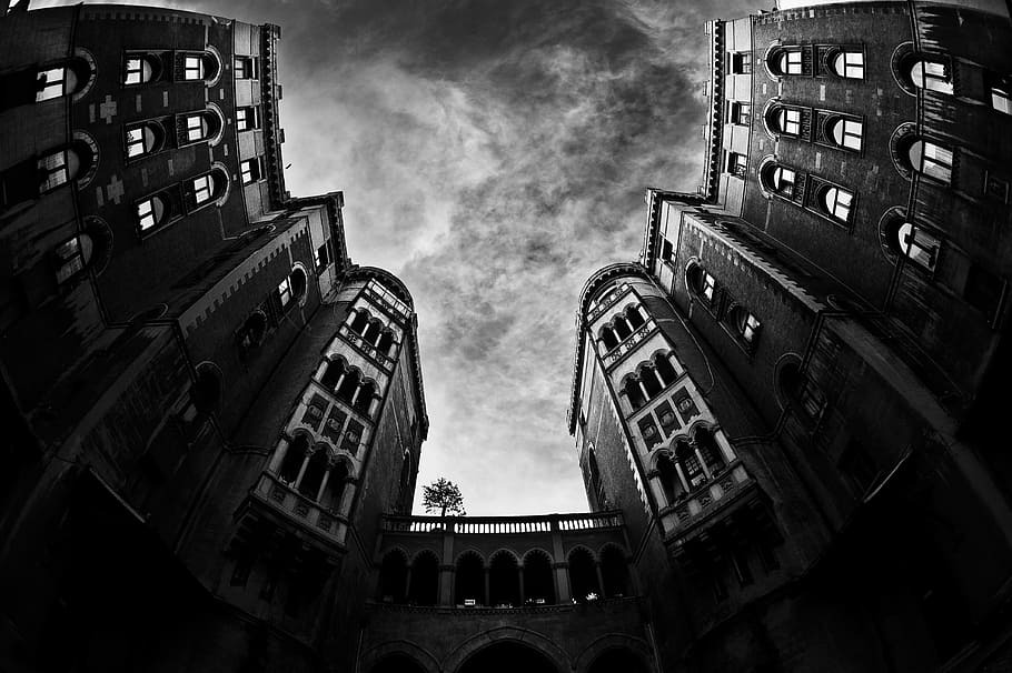 Basso, fotografia ad angolo, costruzione, foto di basso angolo in scala di grigi, calcestruzzo, nuvoloso, cieli, cielo, nube, albero, ponte, finestre, architettura, struttura costruita, esterno dell'edificio, città, nuvola - cielo, Inquadratura dal basso, natura, nessuno, quartiere residenziale, all'aperto, destinazioni di viaggio, storia, giorno, vita di città, il passato, Torre, viaggio, finestra, direttamente sotto, 4K