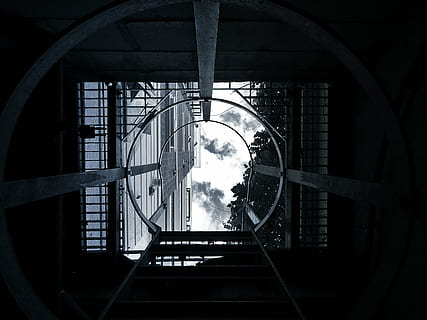 architecture, building, clouds, dark, eerie, ladder, low angle shot, sky, steel, travel, tube, urban, built structure, building exterior, low angle view, day, metal, staircase, no people, circle, geometric shape, shape, railing, outdoors, nature, directly below, steps and staircases, industry, 5K, CC0, public domain, royalty free