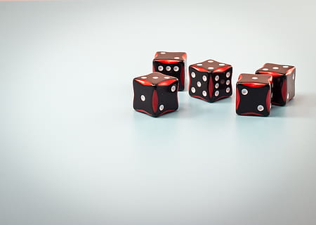 five black-and-red dices, dice, numbers, winning, cube, bet, roll, jackpot, studio shot, indoors, copy space, leisure games, gambling, still life, white background, cube shape, no people, two objects, leisure activity, red, close-up, group of objects, opportunity, arts culture and entertainment, table, luck, three objects, 2K, CC0, public domain, royalty free