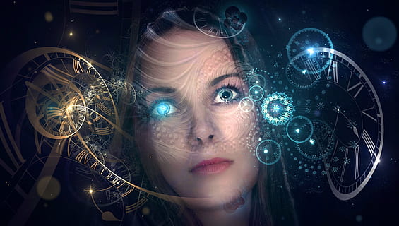 brown haired woman, fantasy, portrait, clock, time, mystical, fairytale, face, beauty, female, woman, girl, mood, magical, atmosphere, dreams, lighting, composing, view, science fiction, mysterious, photo montage, futuristic, space, light, future, mysticism, farbenspiel, atmospheric, lights, beautiful, tracer, dark, light traces, wavy lines, lights game, dynamics, movement, illuminated, one person, adult, technology, headshot, human body part, indoors, eye, connection, young adult, body part, women, studio shot, human eye, wireless technology, data, close-up, robot, black background, digital composite, human face, beautiful woman, projection, contemplation, 4K
