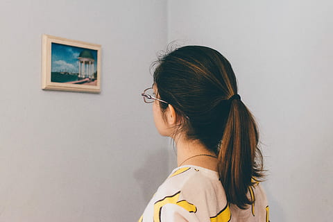 woman, eyeglasses, standing, staring, painting, wall, painting on the wall, women, adult, one Person, indoors, color Image, image Type, young Women, human Age, image Technique, adults Only, females, one Woman Only, only Women, people, headshot, young adult, wall - building feature, portrait, glasses, rear view, hairstyle, hair, lifestyles, real people, leisure activity, ponytail, profile view, contemplation, 5K, CC0, public domain, royalty free
