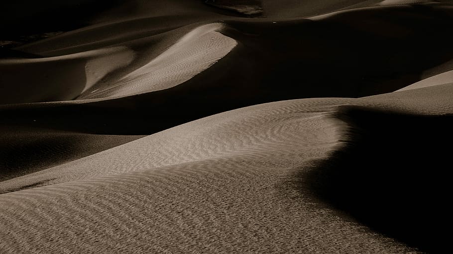 sahara desert, saudi arabie, gray desert sand, sand, dune, desert, beach, shadow, landscape, no people, sand dune, land, textured, nature, backgrounds, tranquility, scenics - nature, beauty in nature, pattern, climate, close-up, environment, arid climate, full frame, brown, black background, abstract, 4K