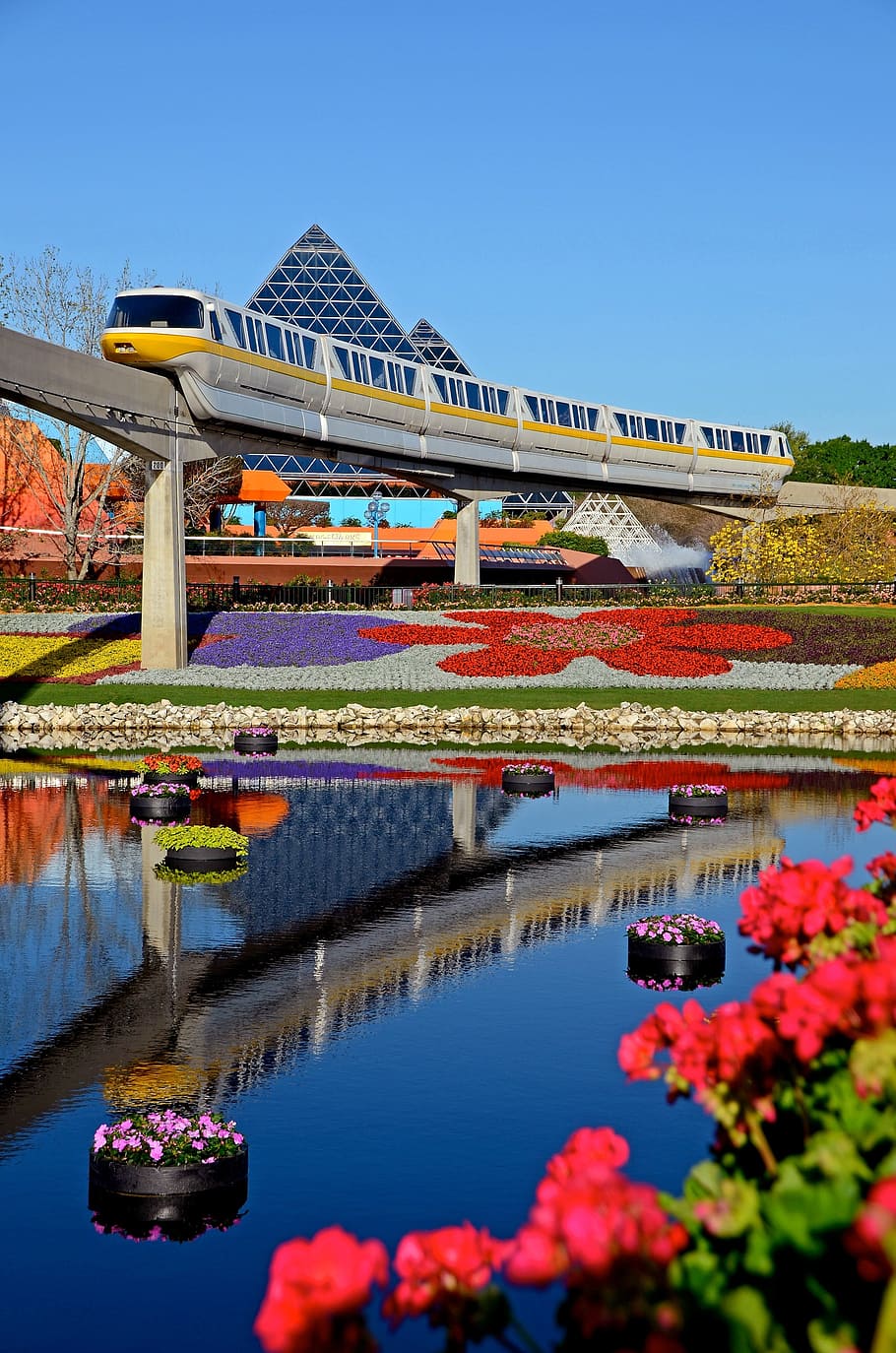 vermell, blanc, tren de passatgers, tramvia, disney, epcot, tren, pista, transport, rail, trànsit, públic, ferrocarril, estació, pistes, viatjar, plataforma, locomotora, aigua, estructura construïda, cel, reflexió, arquitectura, naturalesa, cel clar, planta, exterior de l'edifici, llac, flor, cap gent, planta amb flors, davant del mar, dia, pont, destinacions de viatge, blau, a l'aire lliure, 2K