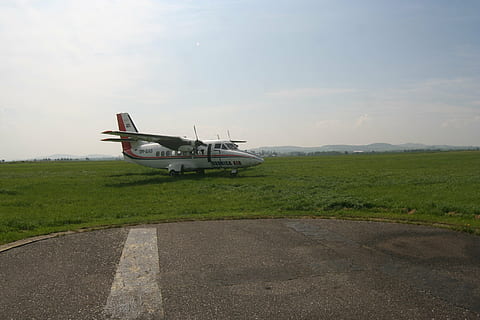 plane, takeoff, sky, transportation, mode of transportation, air vehicle, airplane, airport, airport runway, no people, nature, day, grass, field, cloud - sky, military, on the move, travel, environment, green color, landscape, outdoors, aerospace industry, 2K, CC0, public domain, royalty free